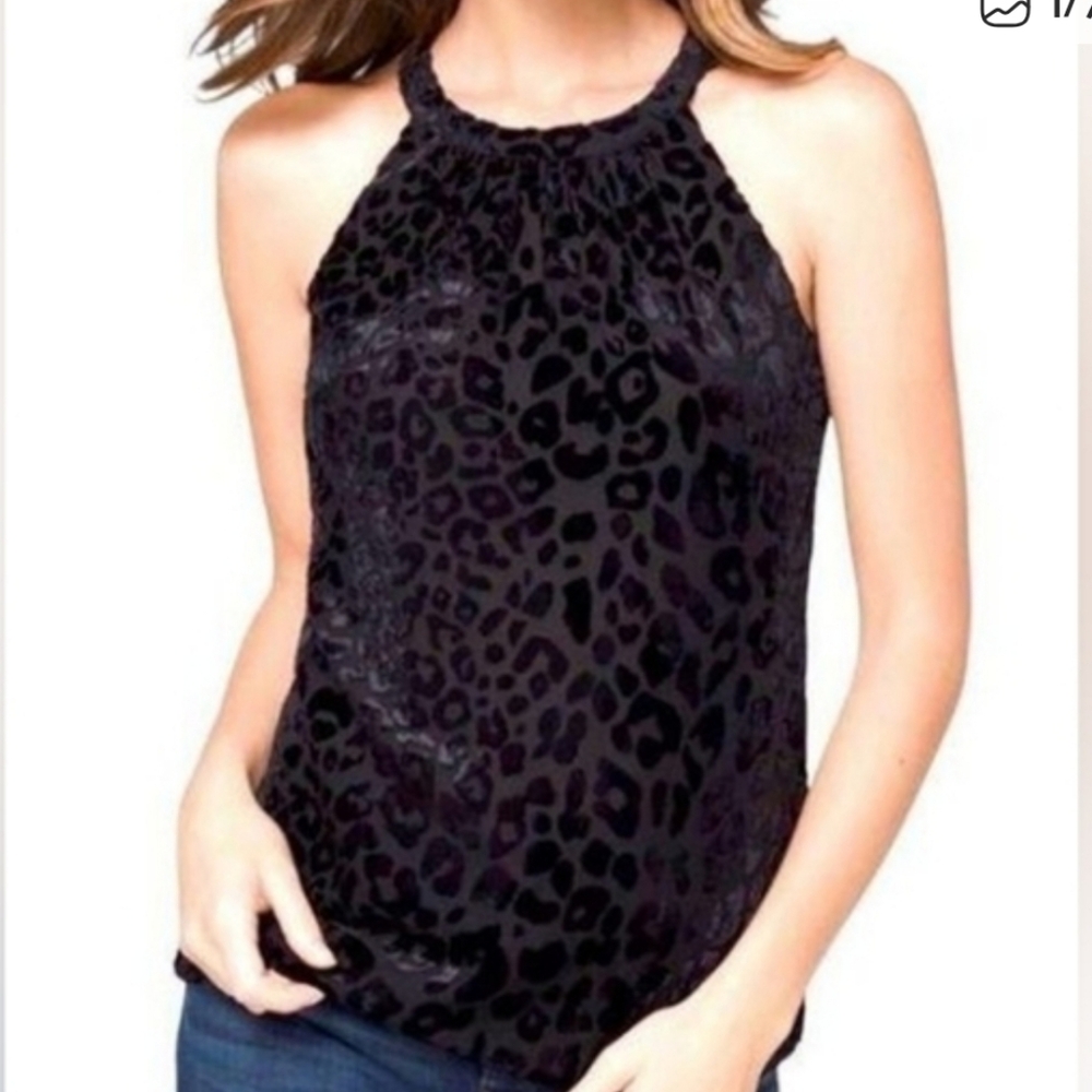 💜💛White House Black Market Top Sz S Black Velvet Flocked Chiffon Halter Neck🩷
